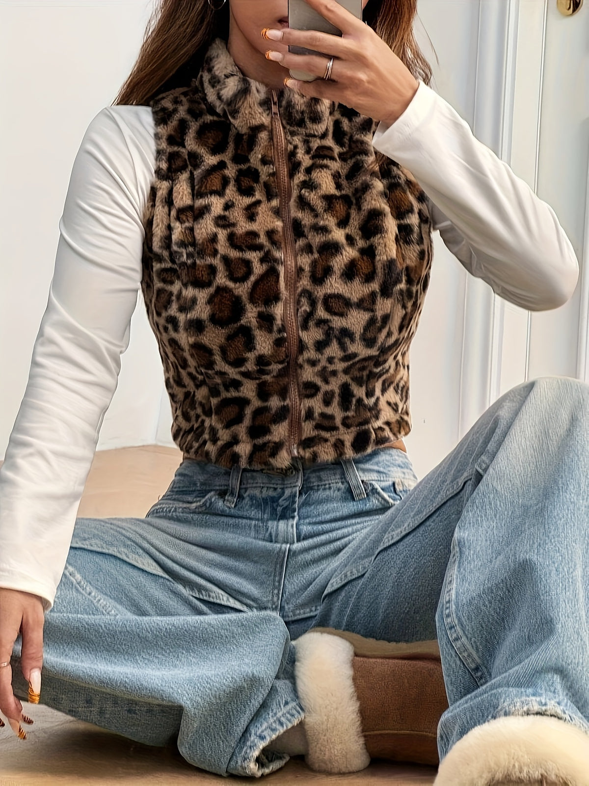 Gilet en peluche imprimé léopard pour femme – Haut d'hiver sans manches zippé