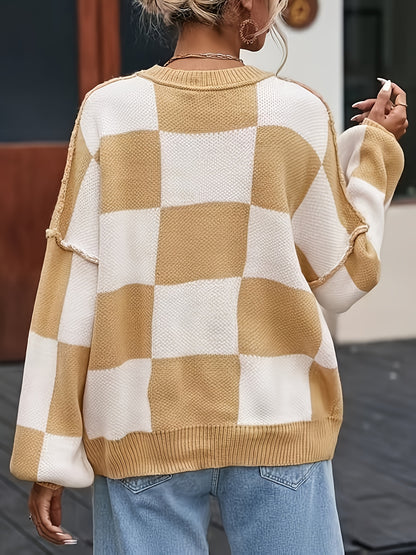 Checkered Knit Sweater – Cozy Fall/Winter Crewneck Plaid Pullover