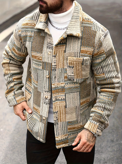 Men’s Retro Geometric Fleece Jacket – Vintage Button-Up Shirt Jacket