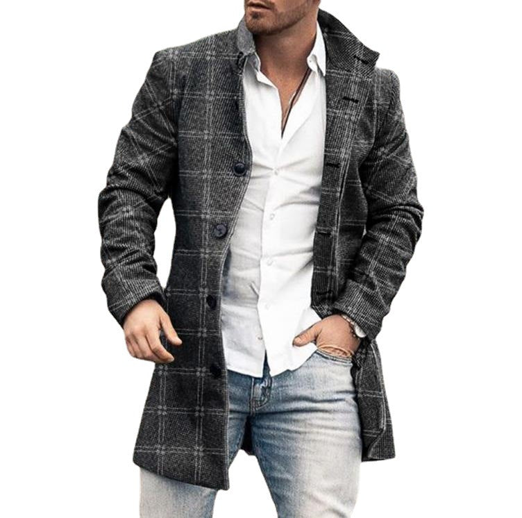 Men’s Printed Wool Trench Coat – Long Sleeve European Style