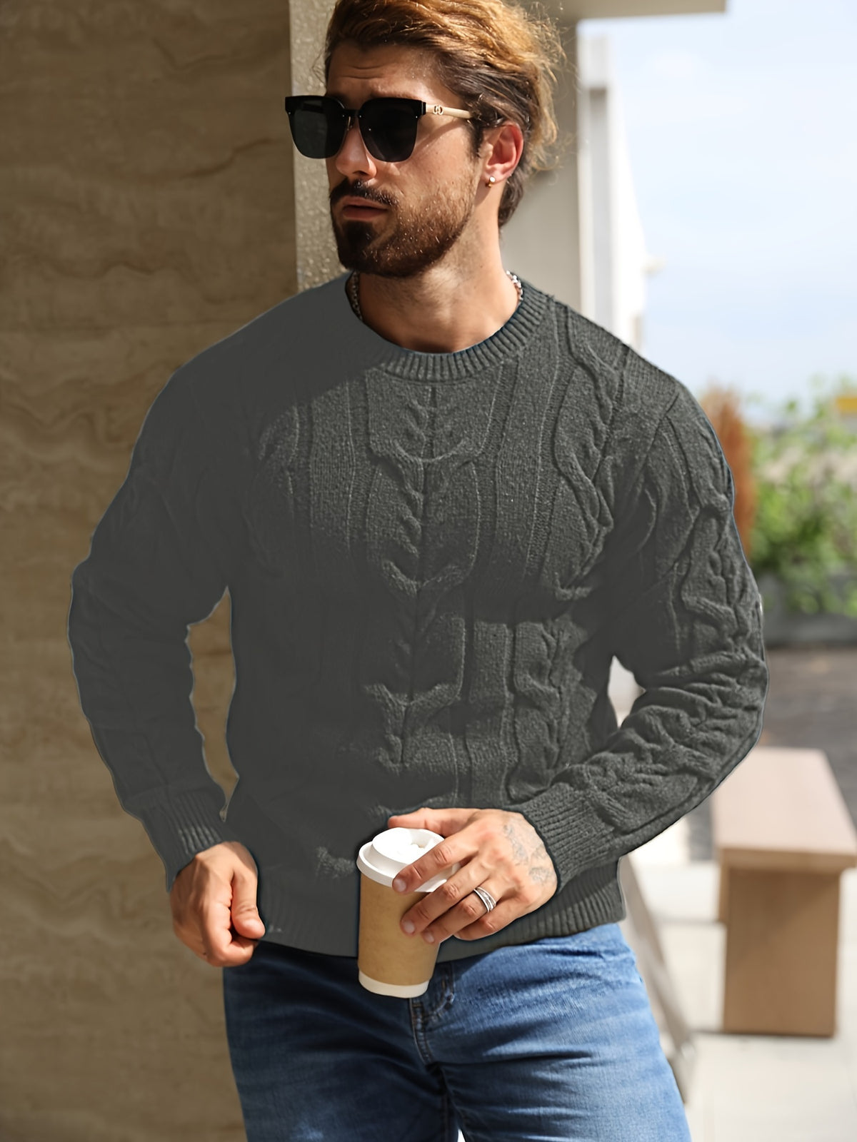 Suéter de punto a rayas para hombre – Suéter suave con cuello redondo y ribete acanalado