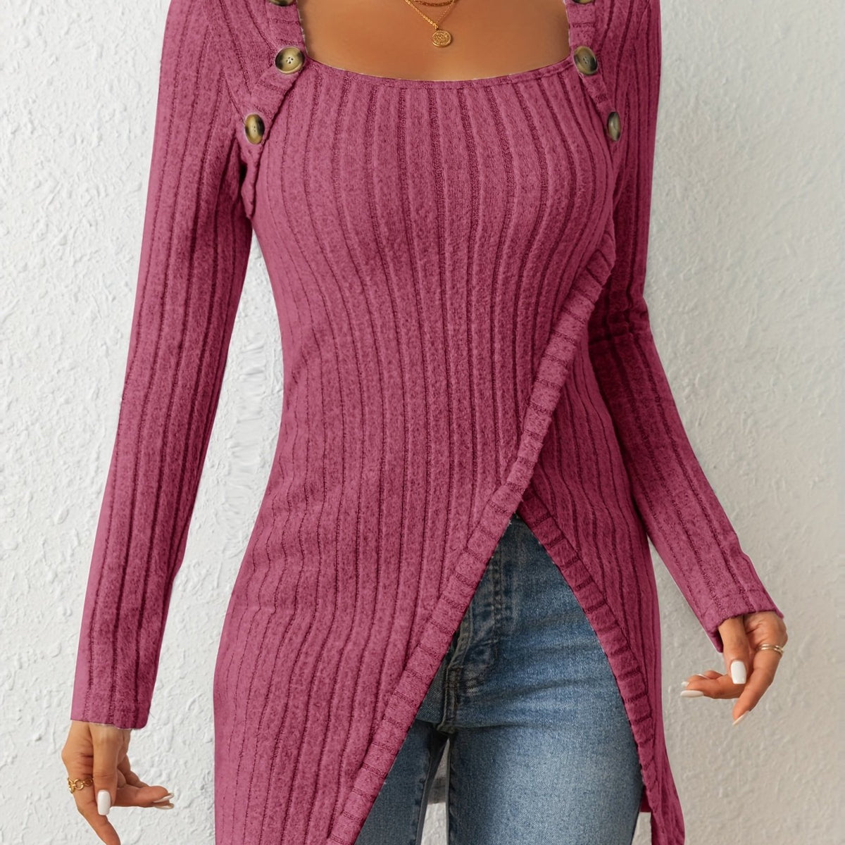 T-shirt en maille ajusté pour femme – Haut à manches longues et col carré