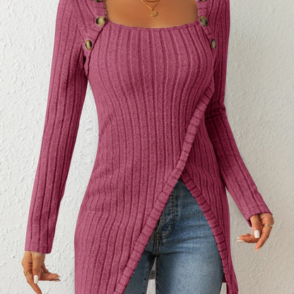 T-shirt en maille ajusté pour femme – Haut à manches longues et col carré