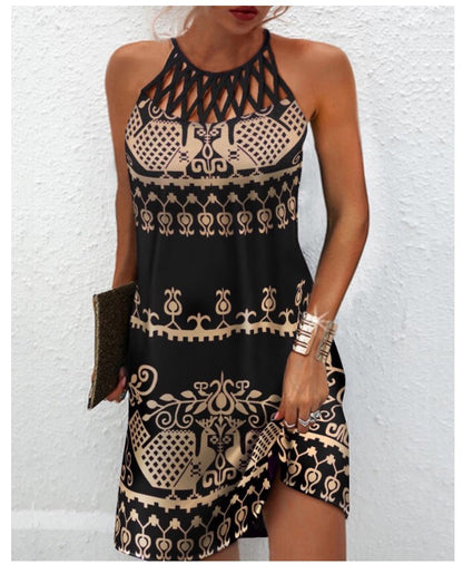 Robe d'été dos nu imprimée – Robe midi trapèze décontractée pour femme