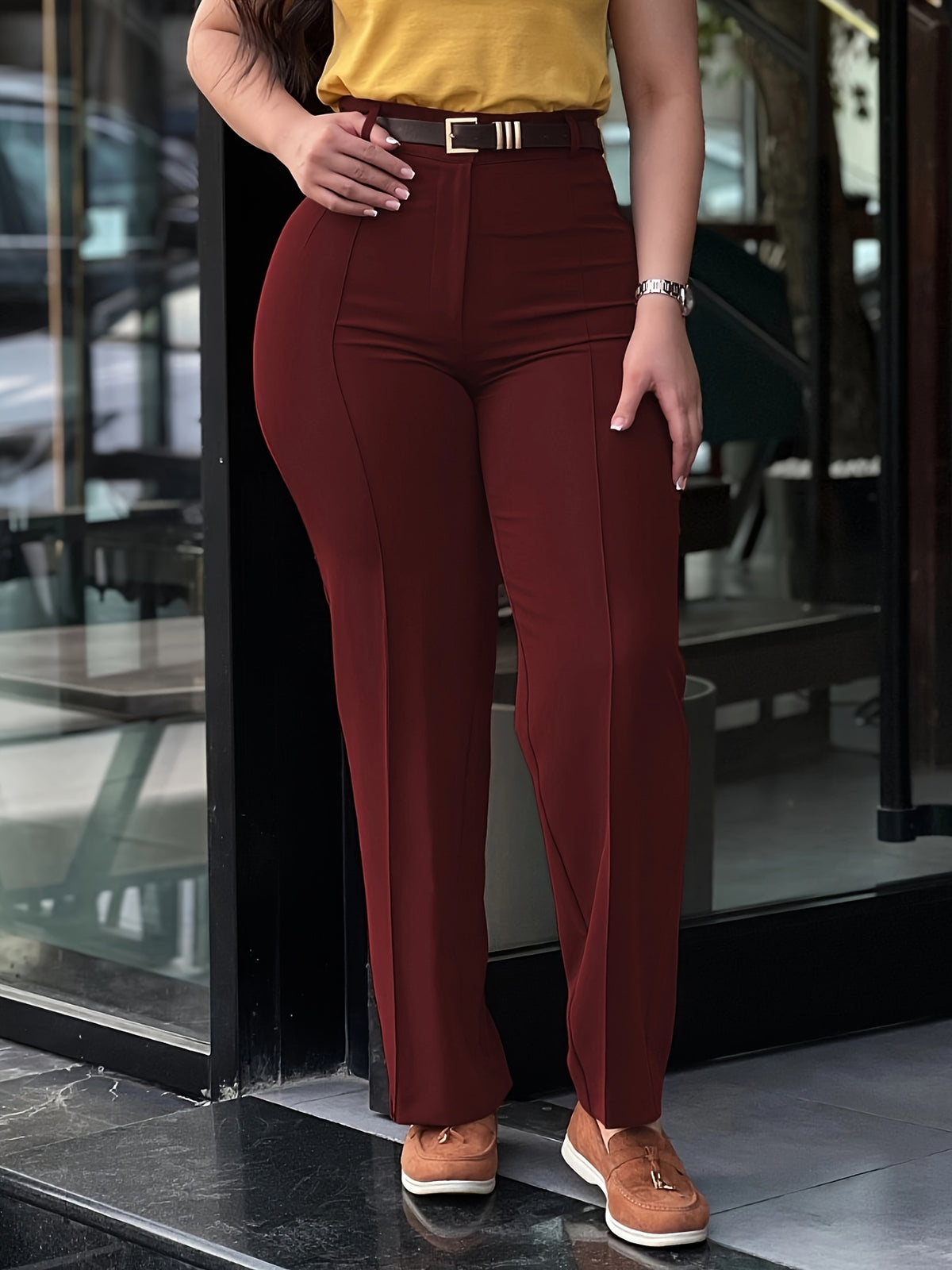 Pantalon habillé femme taille haute coupe droite – Pantalon de travail noir élégant