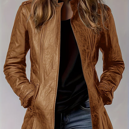 Blouson moto en cuir PU pour femme – Veste zippée style rétro à col montant