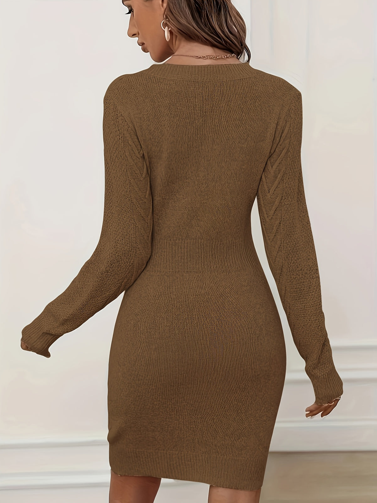 Cinched Waist Long Sleeve Bodycon Dress – Elegant Crew Neck Sweater Dress