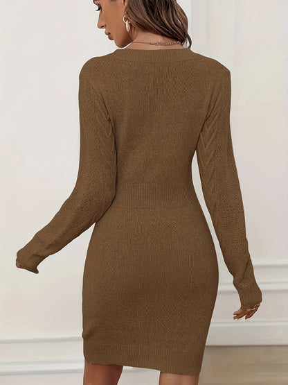 Cinched Waist Long Sleeve Bodycon Dress – Elegant Crew Neck Sweater Dress