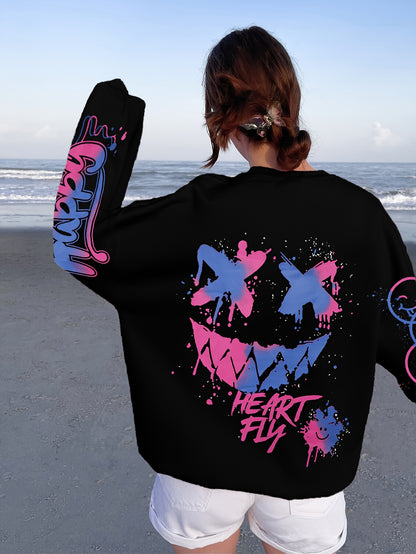 Women’s Graffiti Letter Sweatshirt – Black Artistic Fall/Winter Pullover