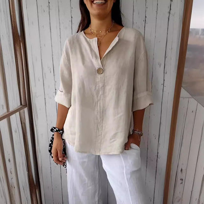 Haut boutonnée en coton et lin à col en V pour femme Loom & Soul™ – Blouse ample à manches longues