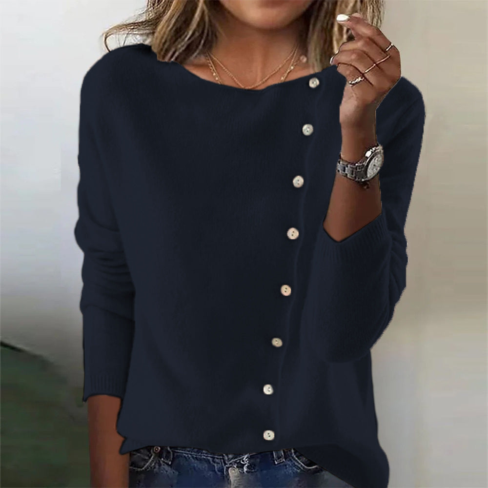 Women’s Elegant Button Sweater – Round Neck Long Sleeve Knit Top