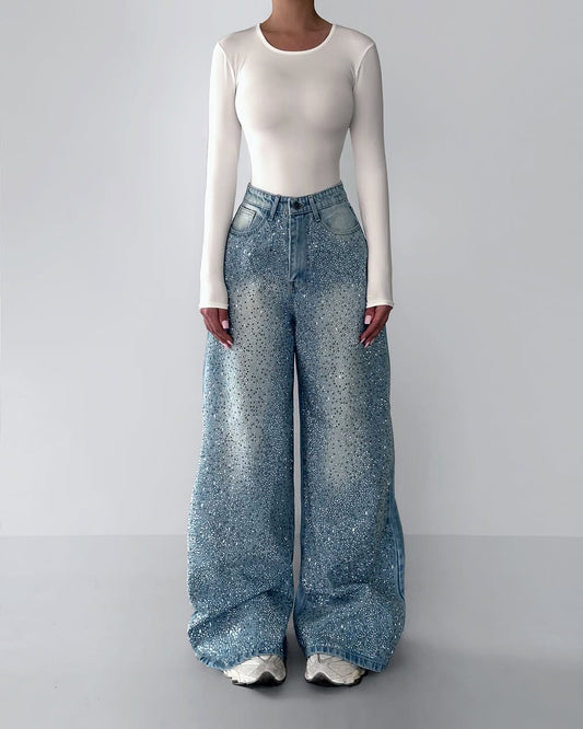 Women’s Rhinestone Vintage Denim Jeans – Irregular Sparkle Fashion Pants