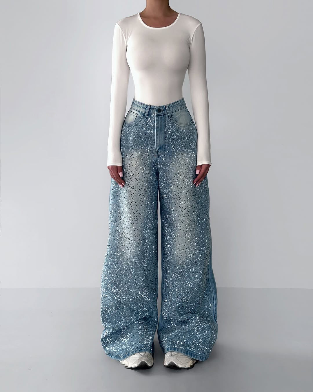 Jean en jean vintage orné de strass pour femme – Pantalon mode scintillant irrégulier