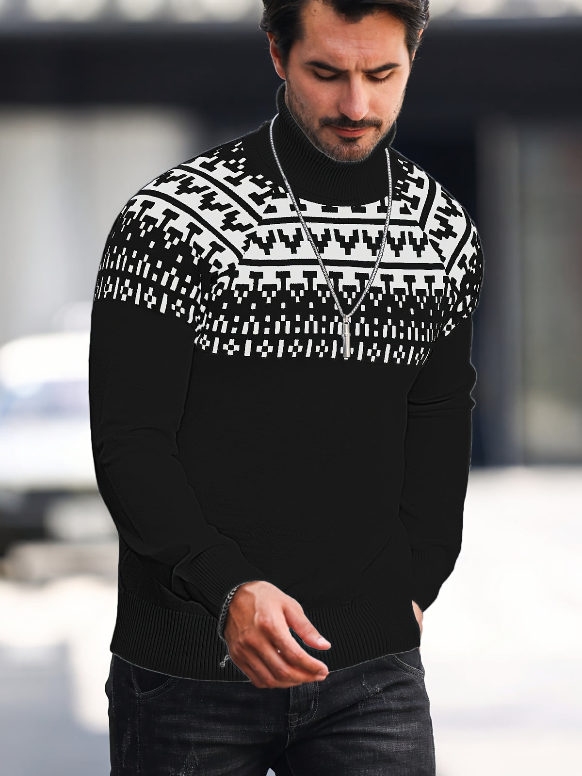 Men’s Geometric Turtleneck Sweater – Casual Knit Pullover for Fall & Winter