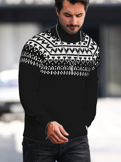Men’s Geometric Turtleneck Sweater – Casual Knit Pullover for Fall & Winter