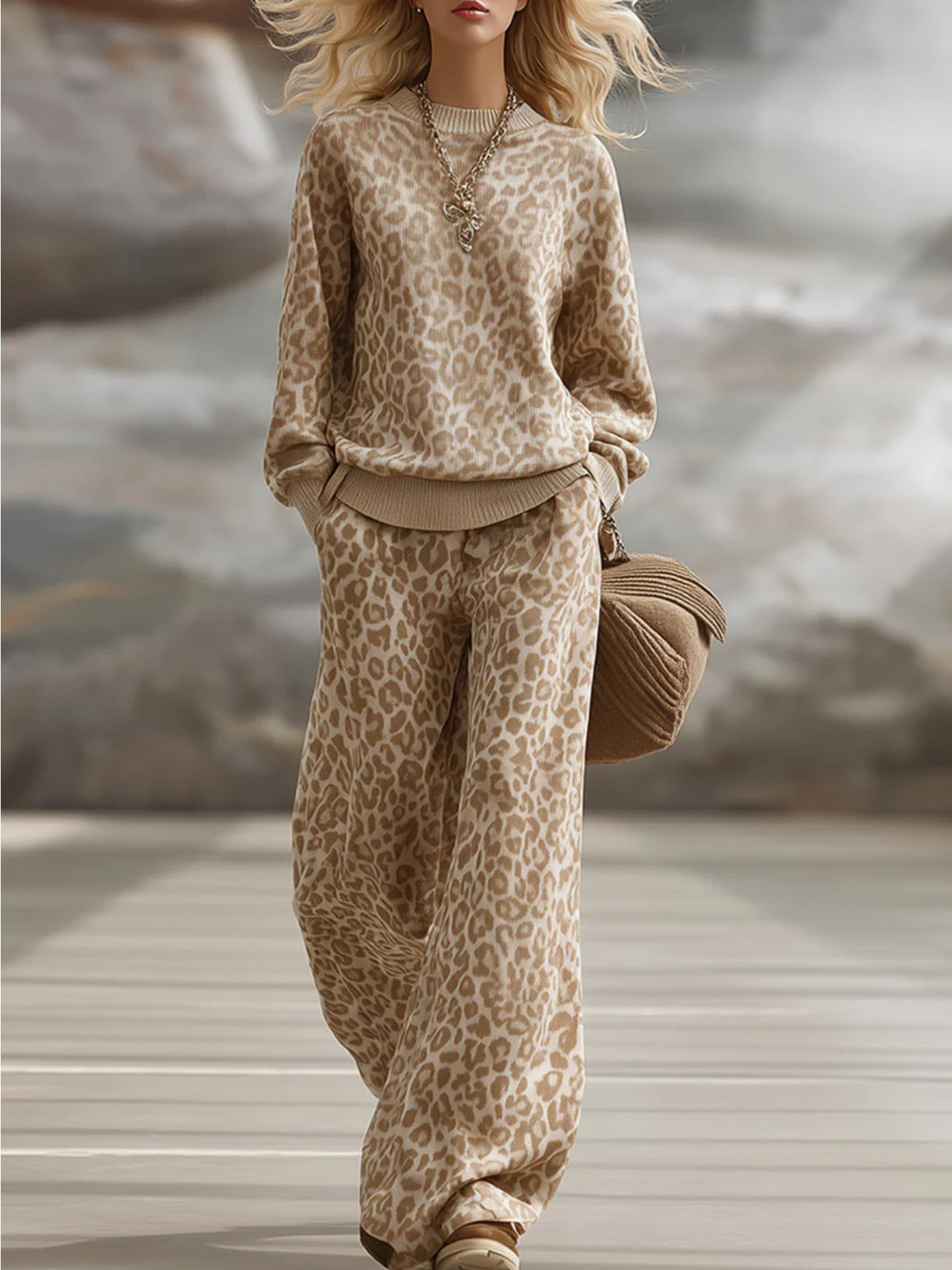 Women’s Leopard Print Set – Light Brown Loose Streetwear Outfit