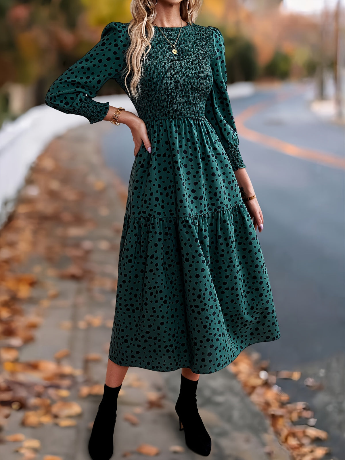 Leopard Print Long Sleeve Maxi Dress – Elegant A-Line Flowing Dress