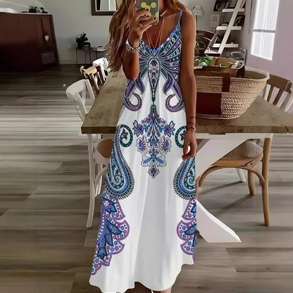 Robe longue imprimée sans manches col en V – Robe à bretelles motif rétro artistique