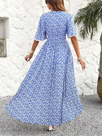 Vestido midi floral con borlas y cuello en V – Vestido midi acampanado con estampado elegante