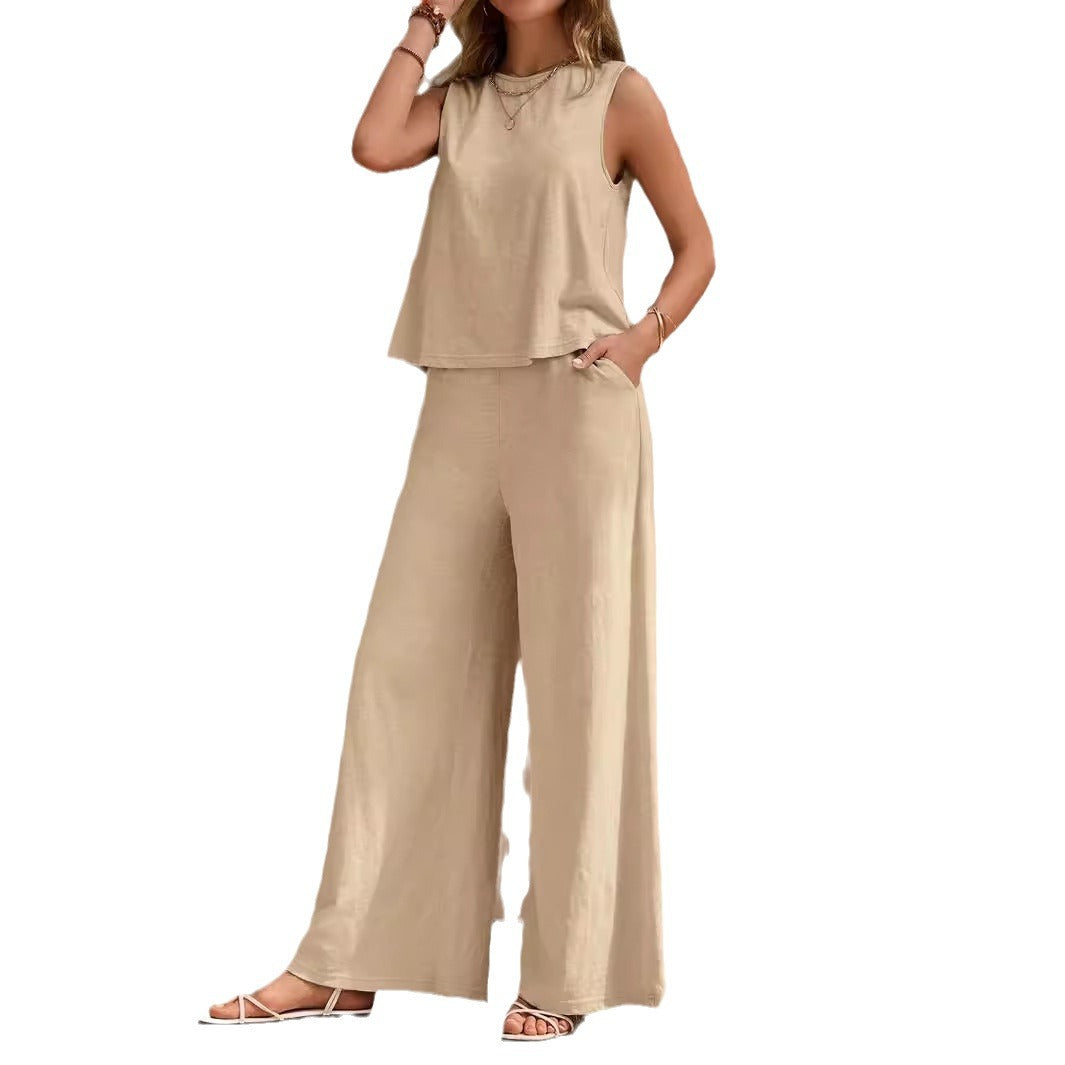 Women’s Linen Two-Piece Set – Sleeveless Top & Loose Pants Outfit