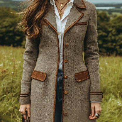 Manteau à chevrons marron – Veste élégante mi-longue ceinturée