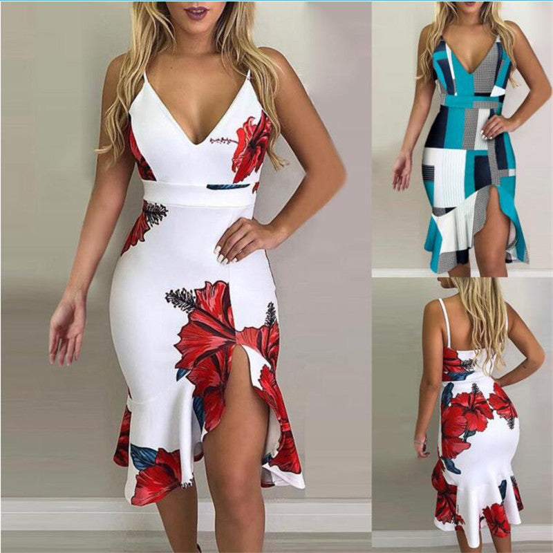 Robe midi asymétrique à dos nu – Robe d'été imprimée à bretelles pour les soirées