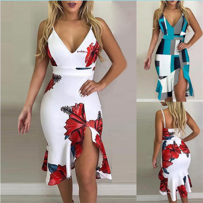Robe midi asymétrique à dos nu – Robe d'été imprimée à bretelles pour les soirées