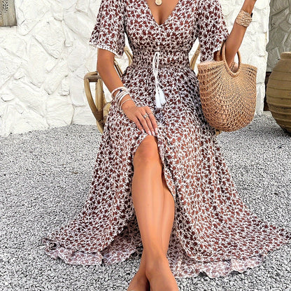 Vestido midi floral con borlas y cuello en V – Vestido midi acampanado con estampado elegante