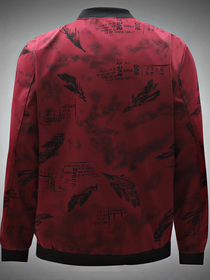 Men’s Feather Print Track Jacket – Zip-Up Baseball Collar Street Coat