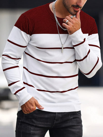 Men’s Navy Striped Knit Sweater – Casual Crew Neck Pullover