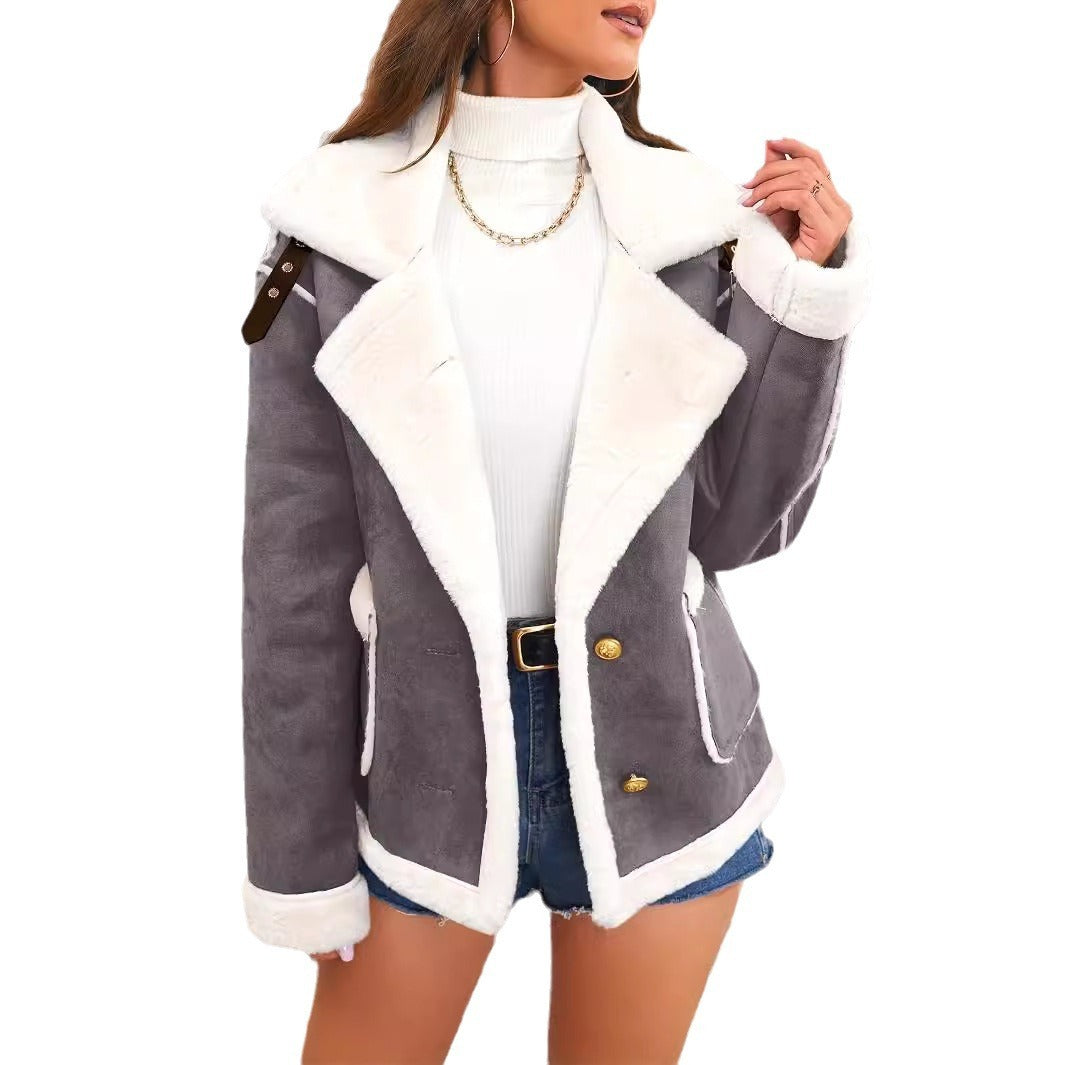 Loom & Soul™ Women’s Plush Polo Collar Jacket – Thick Winter Fleece Coat for Cozy Korean Street Style