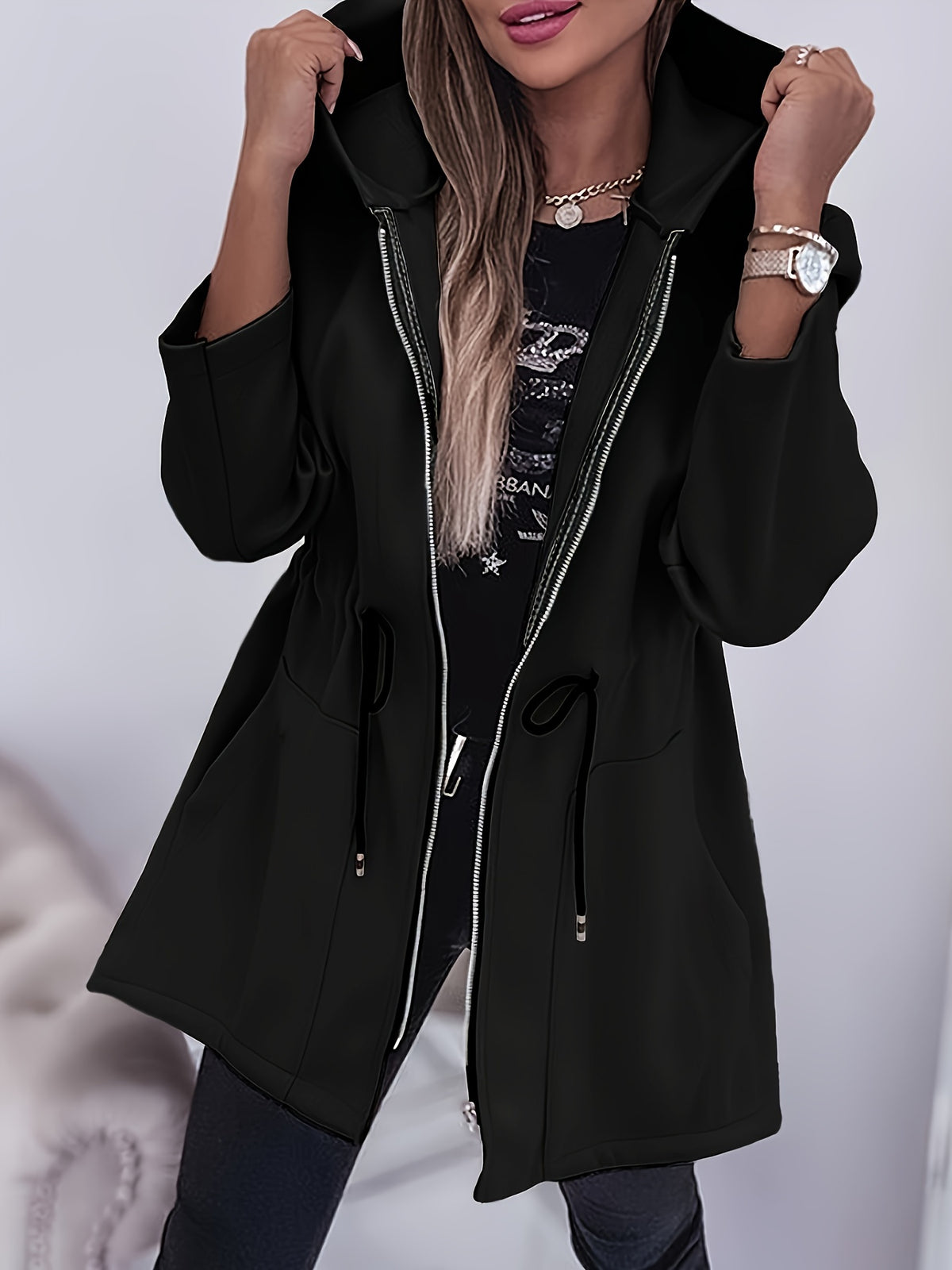 Women’s Solid Hooded Jacket – Machine-Washable Polyester Fall/Winter Coat