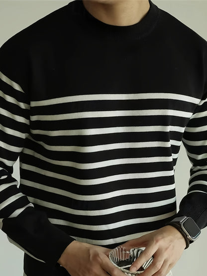 Men’s Striped Knit Sweater – Casual Crew Neck Streetwear Pullover