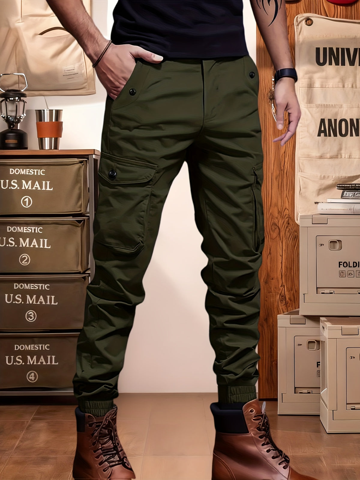 Men’s Olive Cargo Pants – Multi-Pocket Drawstring Utility Trousers