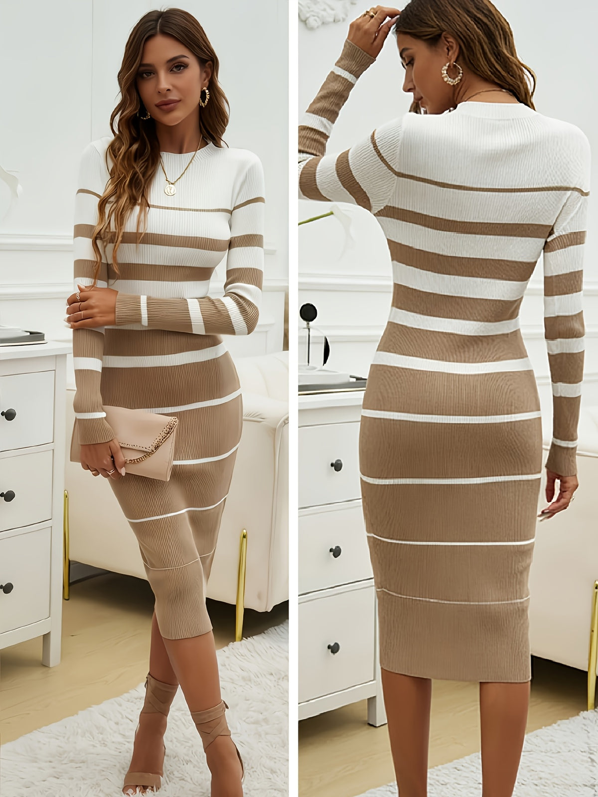 Robe Pull Tricot Rayée – Robe Midi à Manches Longues et Blocs de Couleurs