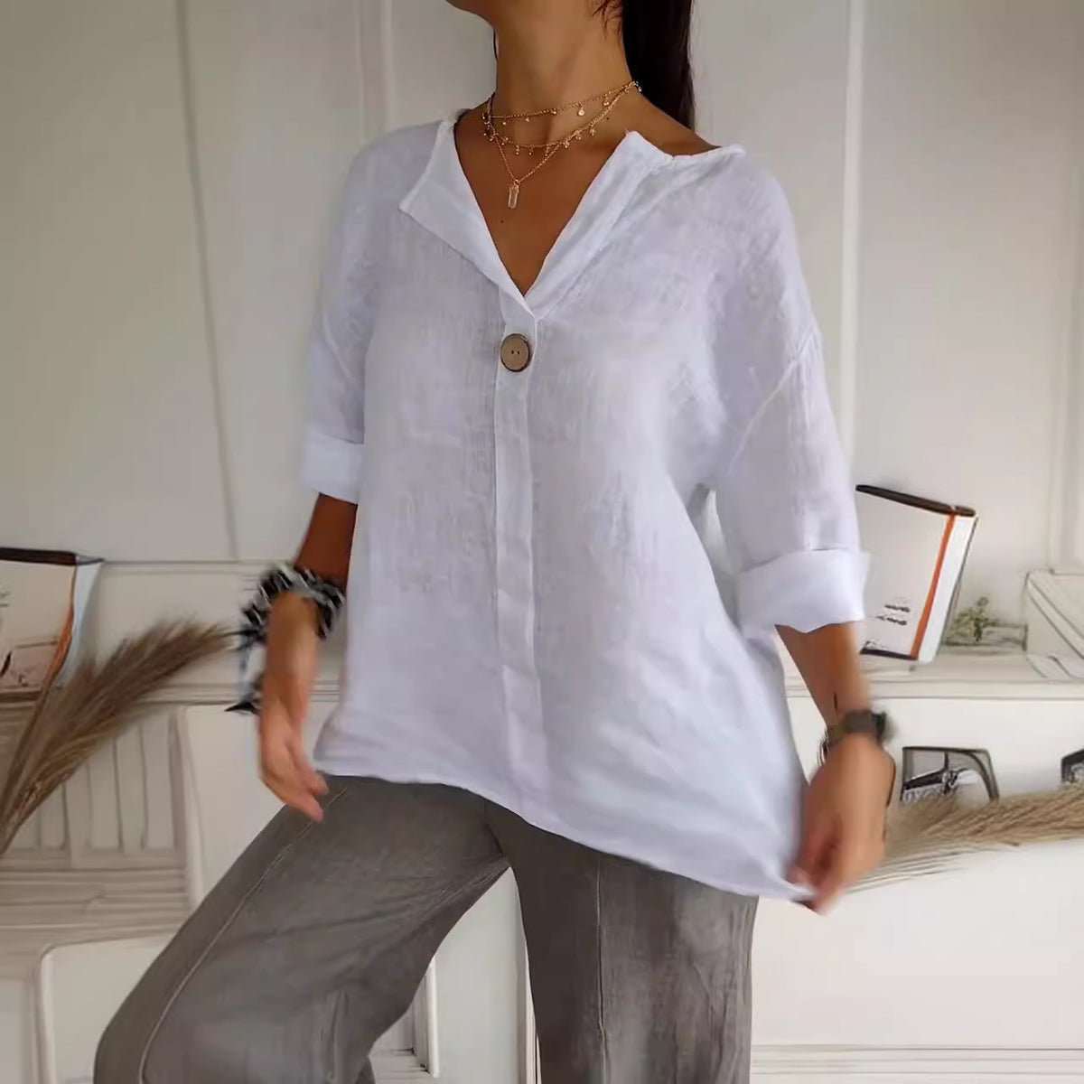 Haut boutonnée en coton et lin à col en V pour femme Loom & Soul™ – Blouse ample à manches longues