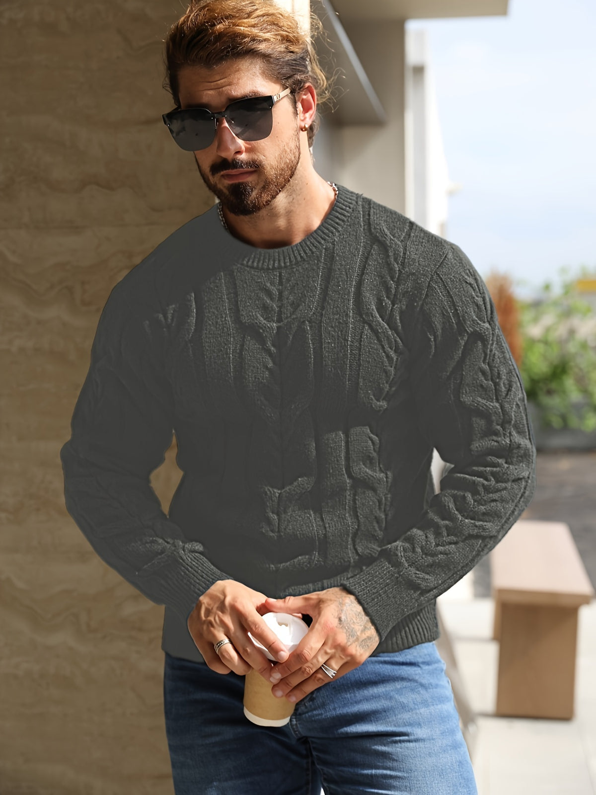 Suéter de punto a rayas para hombre – Suéter suave con cuello redondo y ribete acanalado