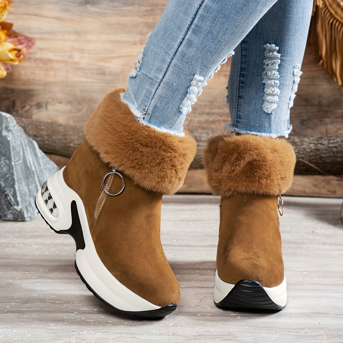 Bottines compensées pour femme – Chaussures d'hiver zippées à doublure en peluche