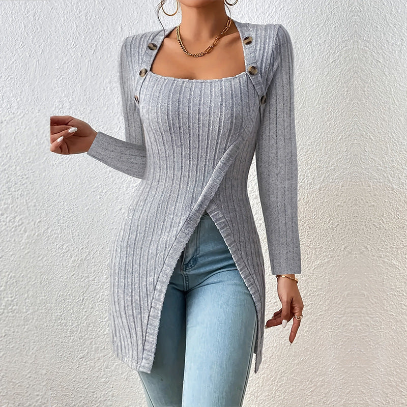 Pull fendu à col carré et épaules dénudées pour femme – Haut en maille élégant