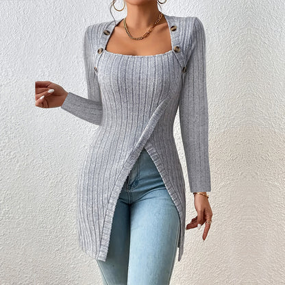 Pull fendu à col carré et épaules dénudées pour femme – Haut en maille élégant