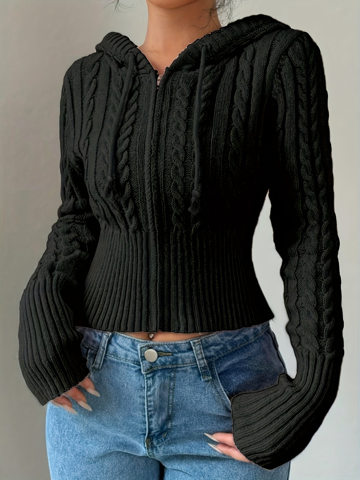 Gilet zippé à capuche élégant – Tricot torsadé, couche chaude