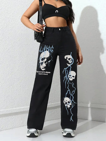 Women’s Street Style Embroidered Jeans – Loose Straight Fit Denim