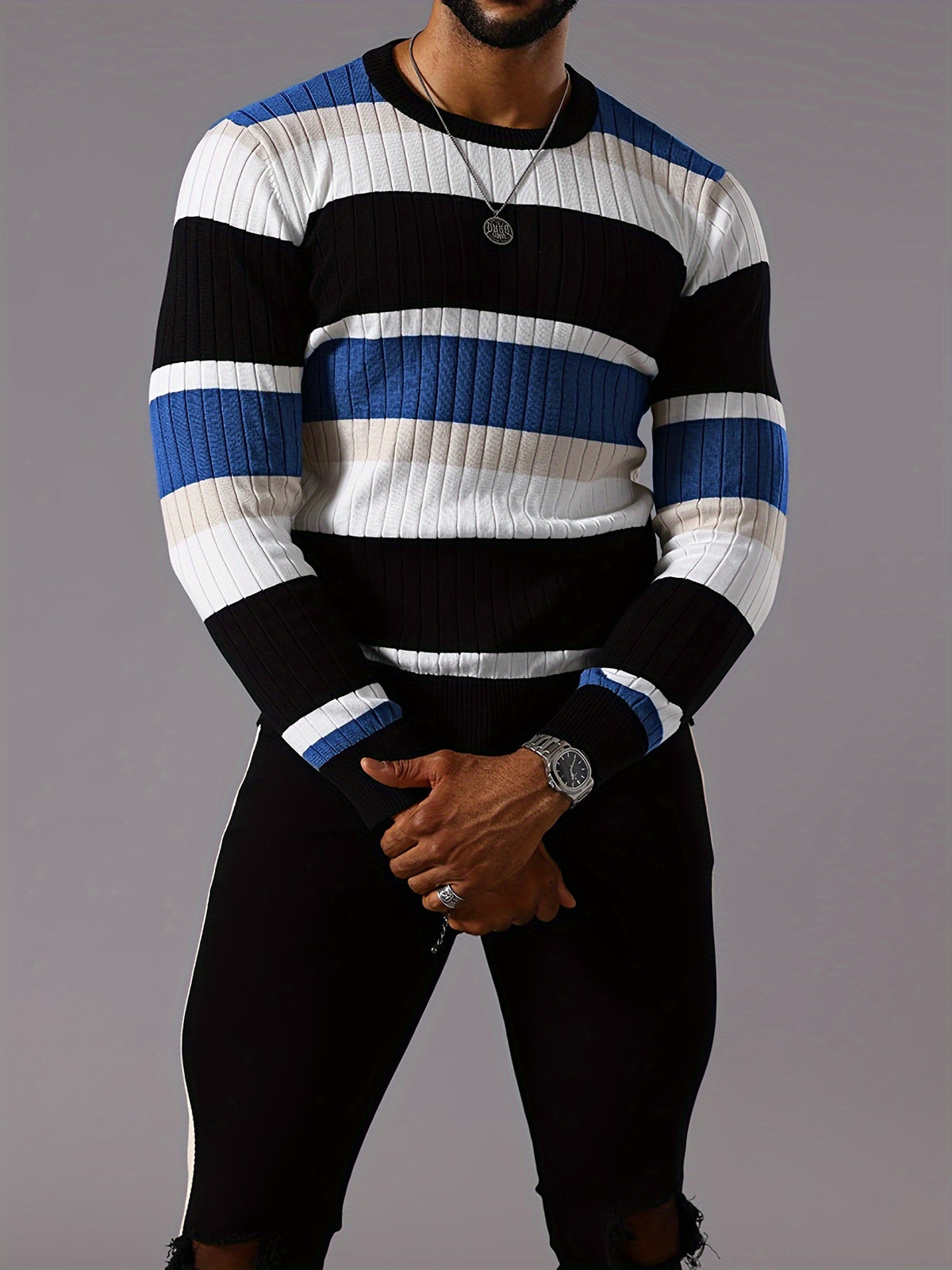 Men’s Striped Ribbed Knit Sweater – Color-Block Fall Winter Pullover