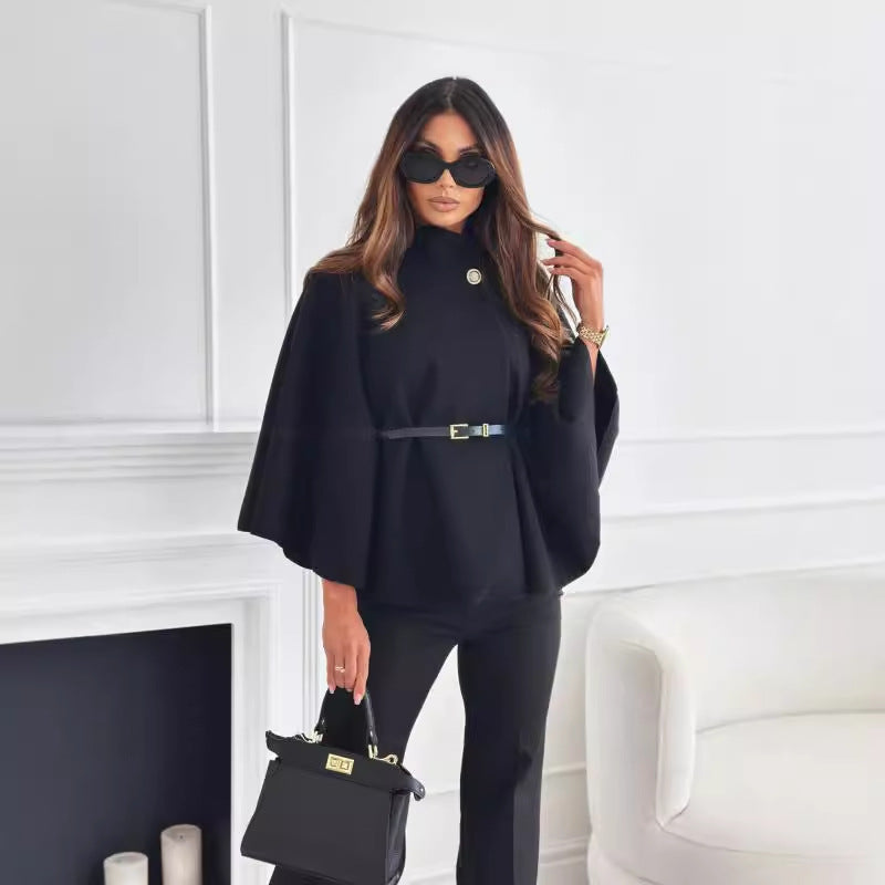 Loom & Soul Batwing Cloak Top – Stand Collar Woolen Belted Jacket for Women