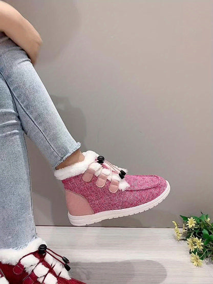 Women’s Faux Fur Slip-On Shoes – Cozy Winter Warm Beige Drawstring Loafers