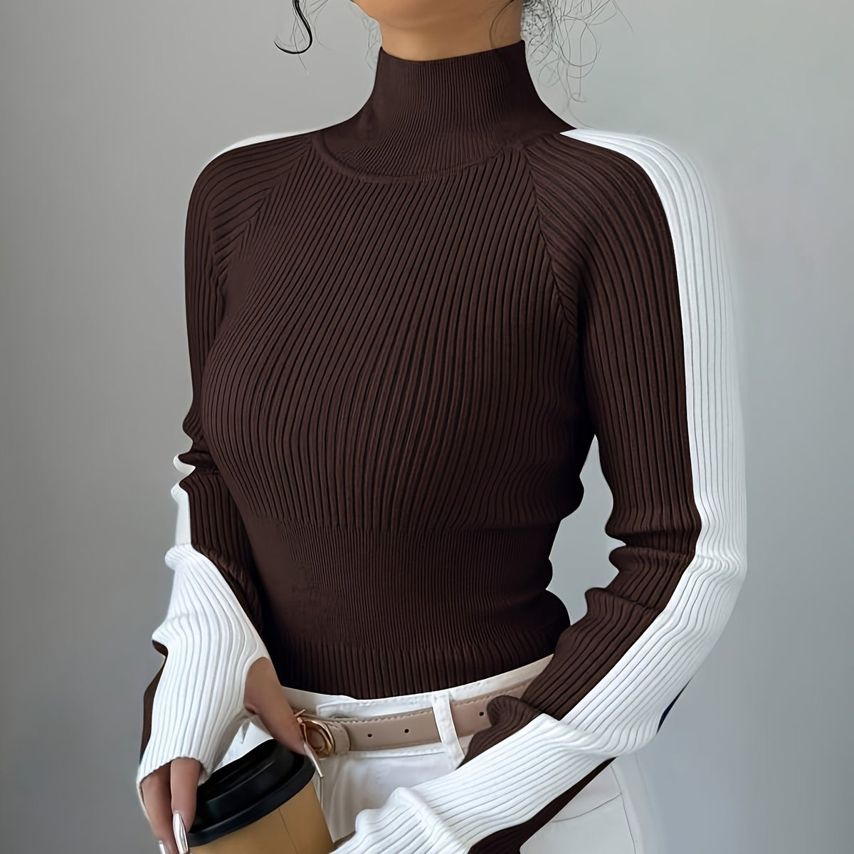Women’s Color Block Turtleneck Sweater – Elegant Soft Knit Top
