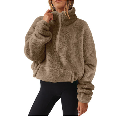 Pull en velours polaire demi-zip pour femme – Col montant, chandail d'hiver