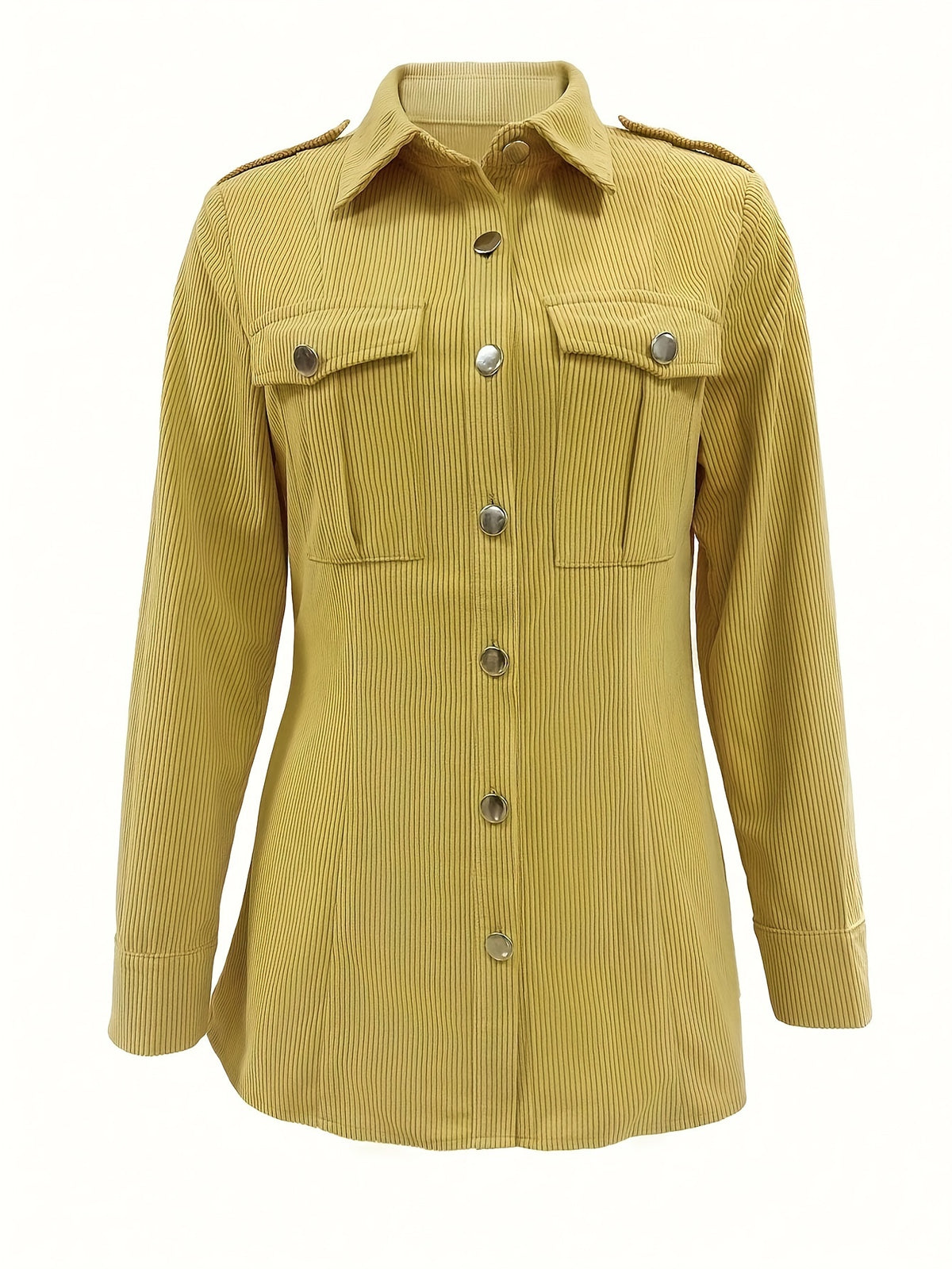 Veste en velours côtelé moutarde pour femme – Élégante, boutonnée, avec poches