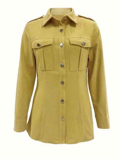 Veste en velours côtelé moutarde pour femme – Élégante, boutonnée, avec poches