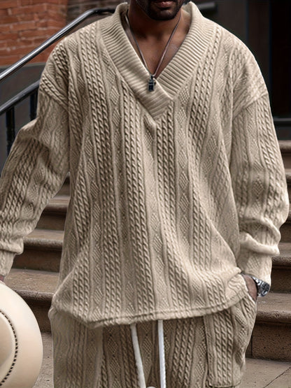 Men’s V-Neck Knit Sweater – Jacquard Rib Casual Pullover